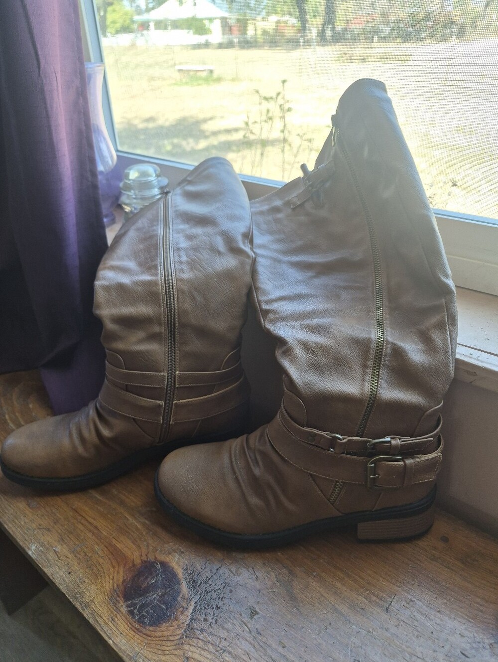 Dream Pairs Brown Mid-Calf Buckle Heeled Boots